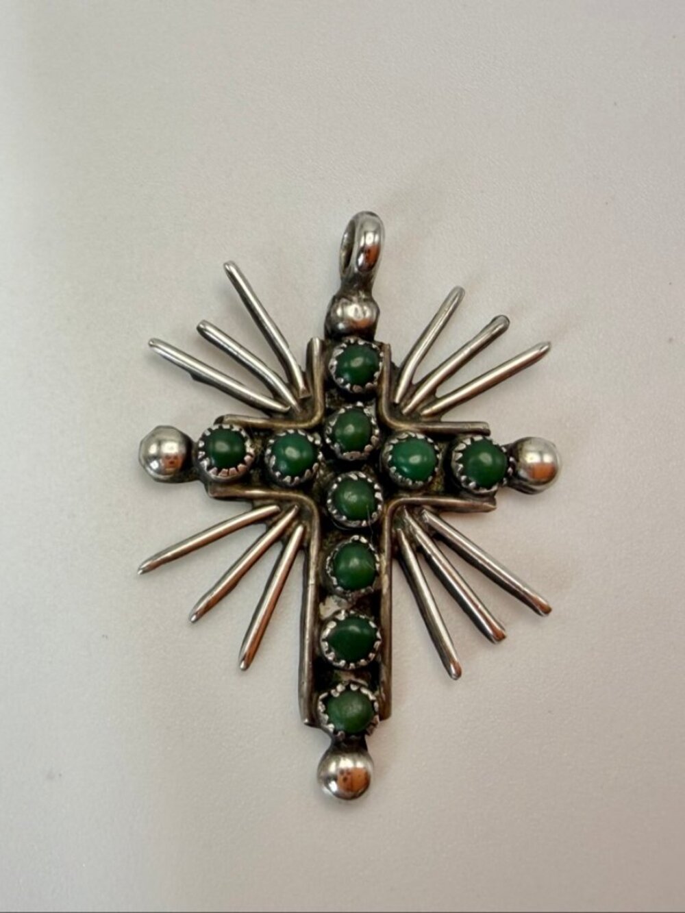 Zuni-Style Turquoise Cross Pendant – Sterling Silver Needle Sunburst